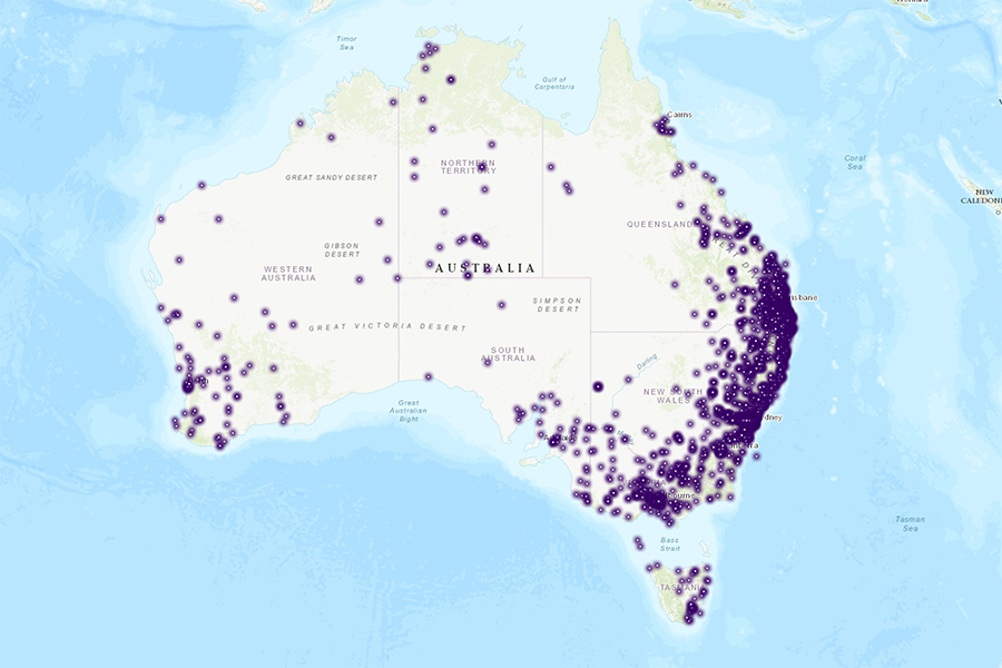 Map of Australia showing concentration of hailstorms over Eastern States.