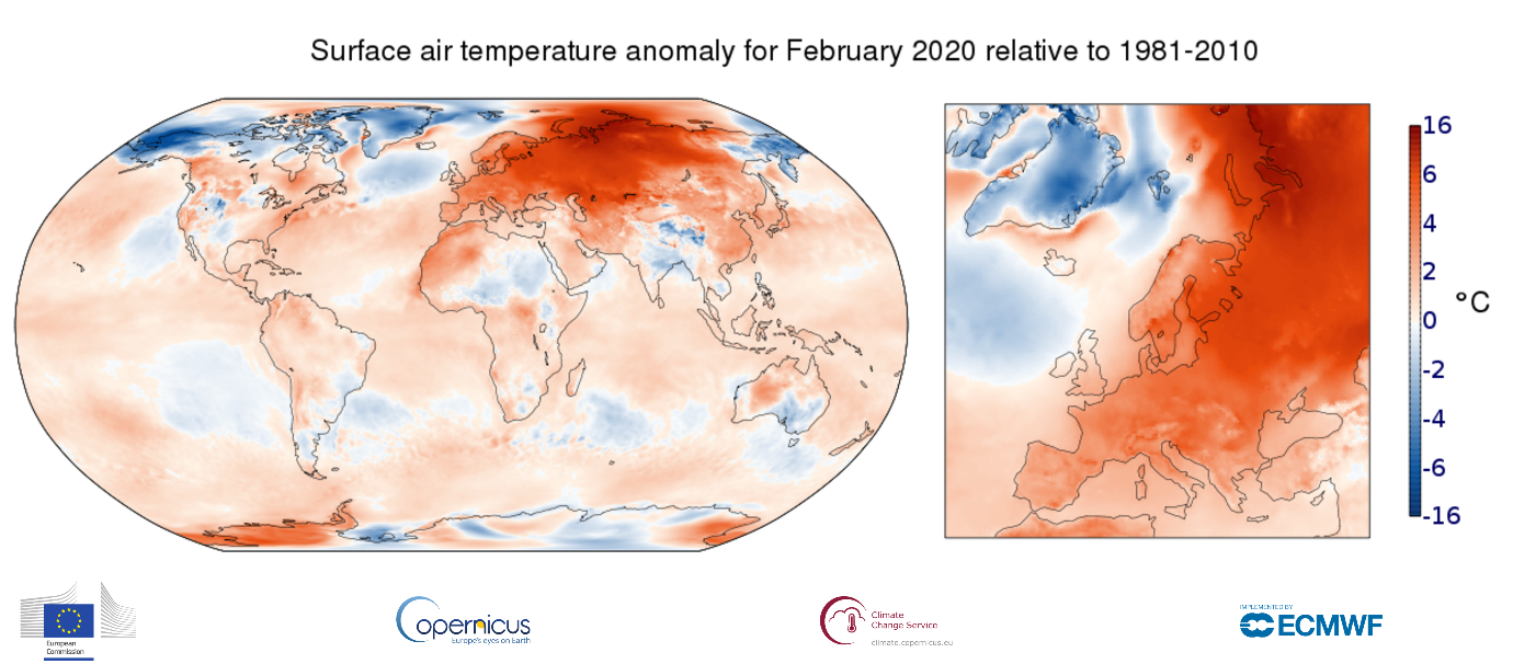Surface air temperature anomaly for February 2020 relative to the February average for the period 1981-2010