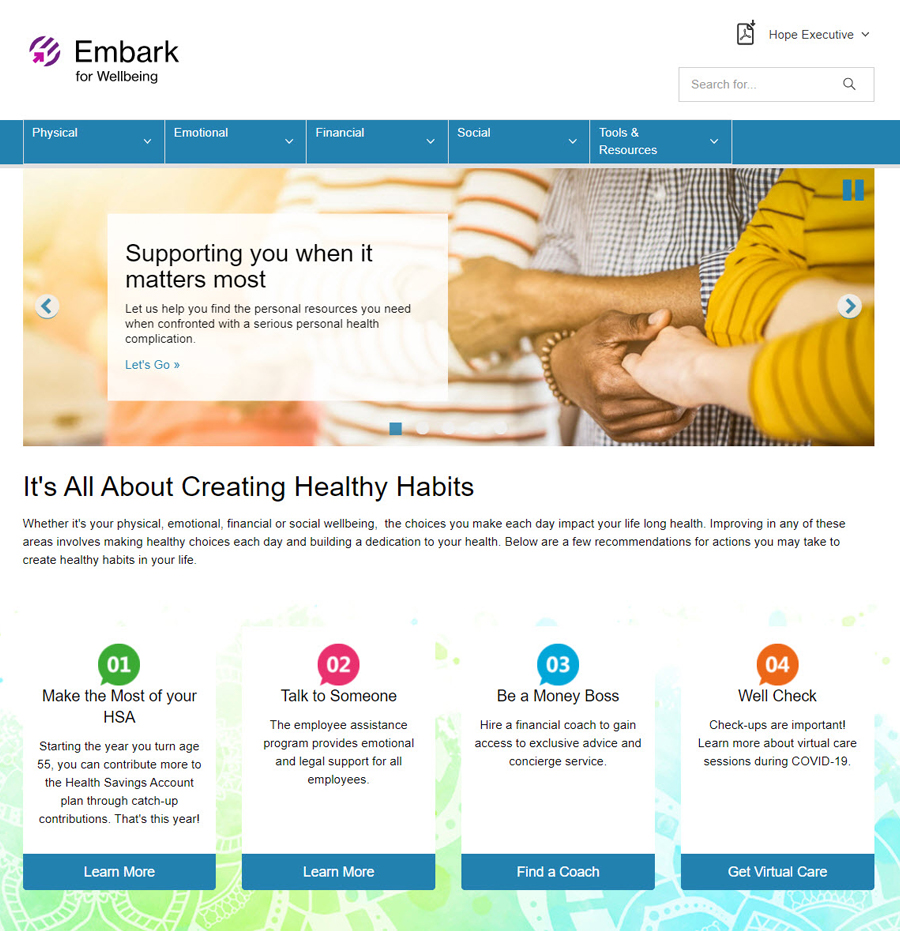 An example of an Embark page showcasing integrated employee wellbeing benefit options
