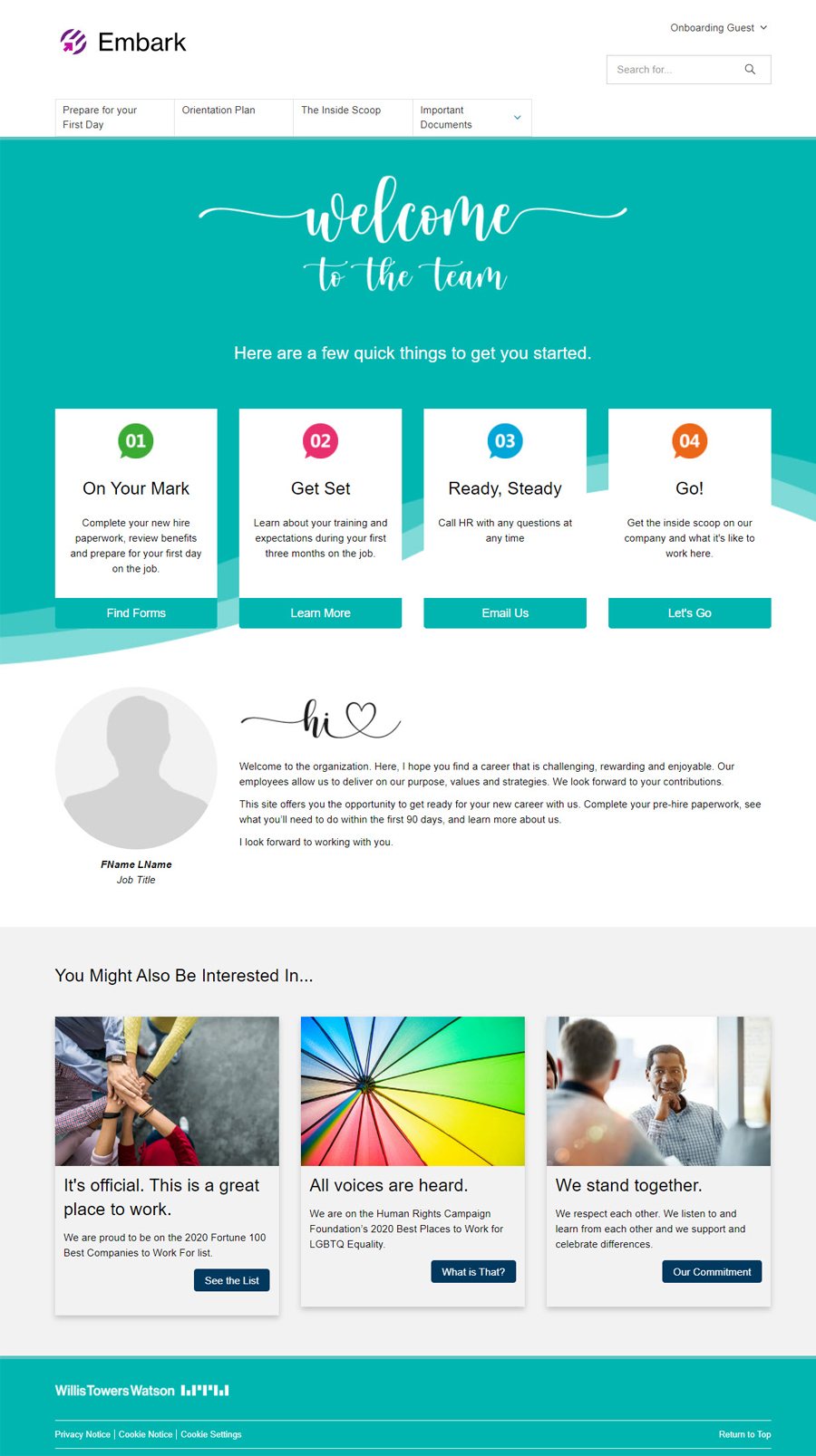 snapshots of a mobile-friendly Embark onboarding site for pre and newly hired employees